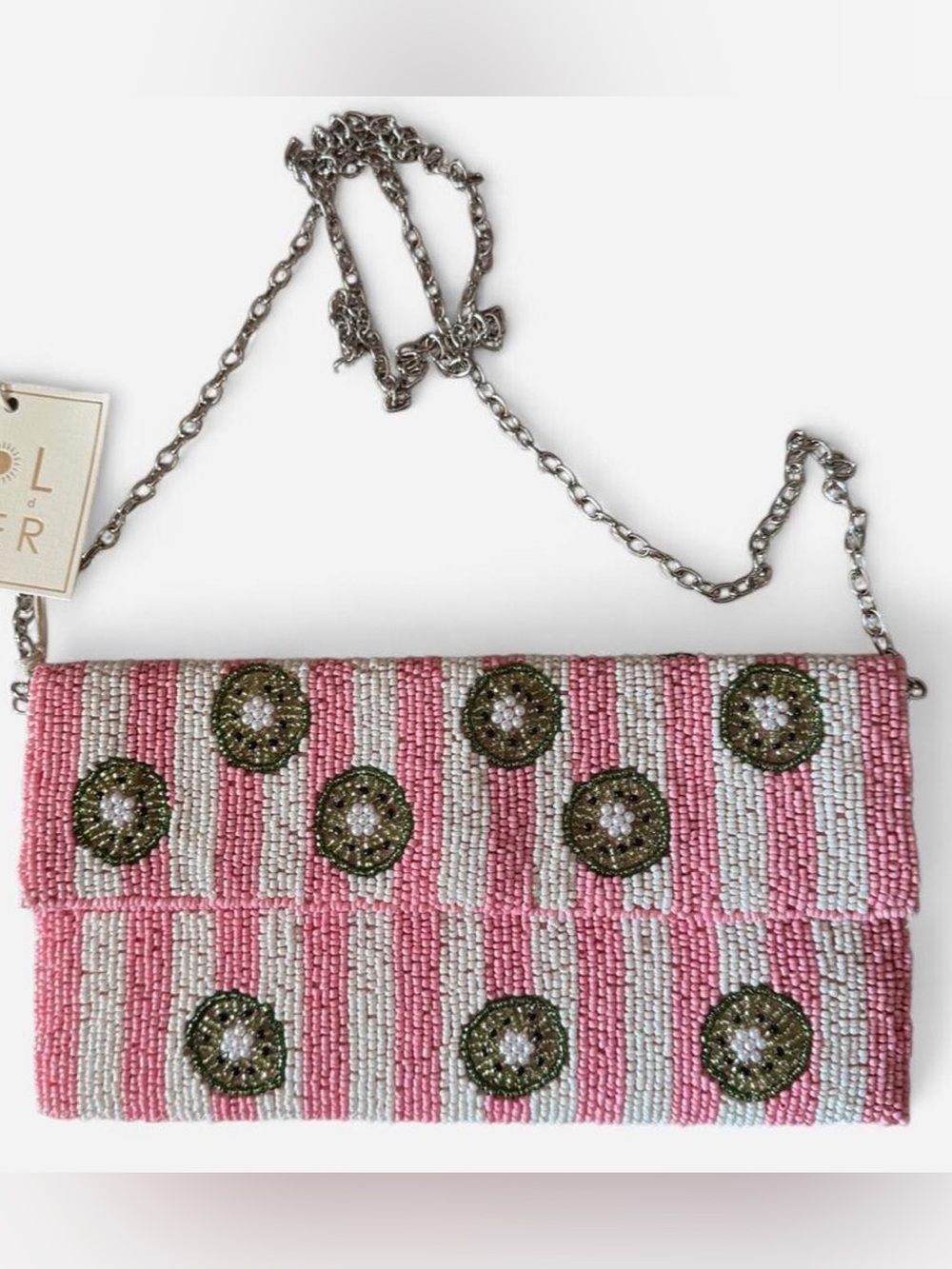 NWT SOL and MER Pink Striped Kiwi Beaded Baguette Shoulder Bag🥝
